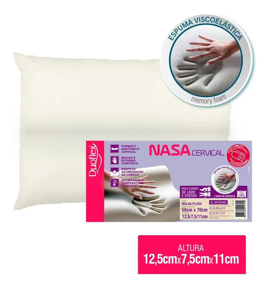 Travesseiro Nasa Cervical Duoflex Altura 12,5x7,5x11cm Para Fronha 50x70cm Antiácaro Capa Plush com zíper