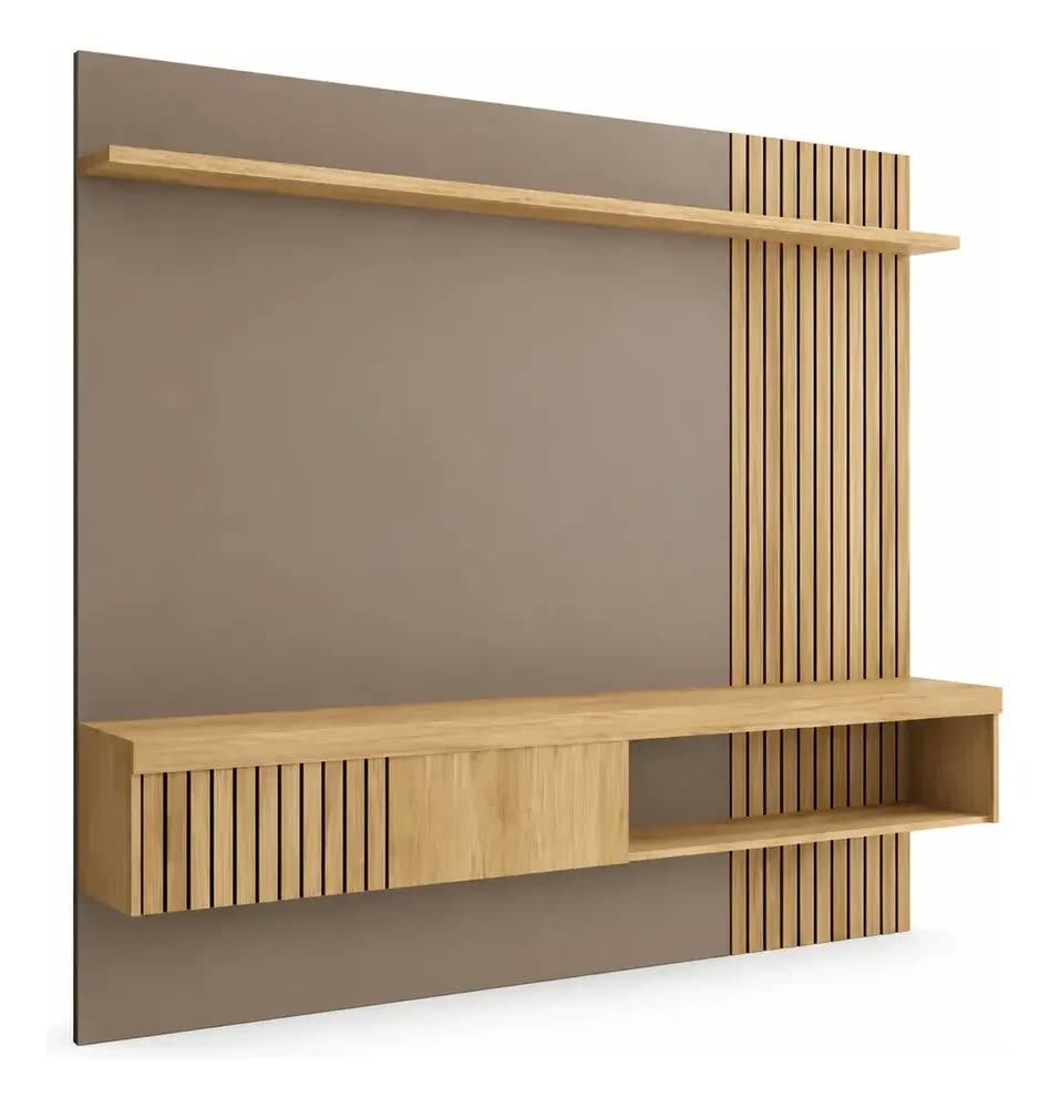 foto de Painel para TV até 65 Polegadas Jade 1,80m Ripado com 1 Porta de Correr e Prateleira 25 mm MDF MDP Cor Fendi Buriti Caemmun Suspenso 180x183x34 cm Sala de Estar Design Moderno Móvel Decorativo para TV