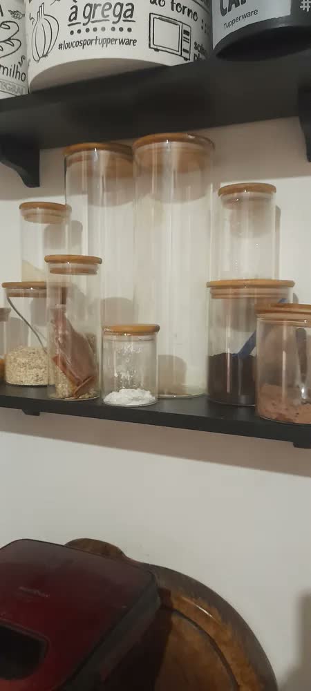 foto de Kit 12 Potes Herméticos de Vidro com Tampa de Bambu | Inclui Etiquetas e Caneta branca | Capacidades 200ml, 250ml, 400ml, 600ml, 800ml, 2000ml | Organização e Estilo para sua Cozinha | Simply Home
