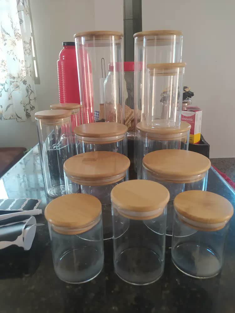 foto de Kit 12 Potes Herméticos de Vidro com Tampa de Bambu | Inclui Etiquetas e Caneta branca | Capacidades 200ml, 250ml, 400ml, 600ml, 800ml, 2000ml | Organização e Estilo para sua Cozinha | Simply Home