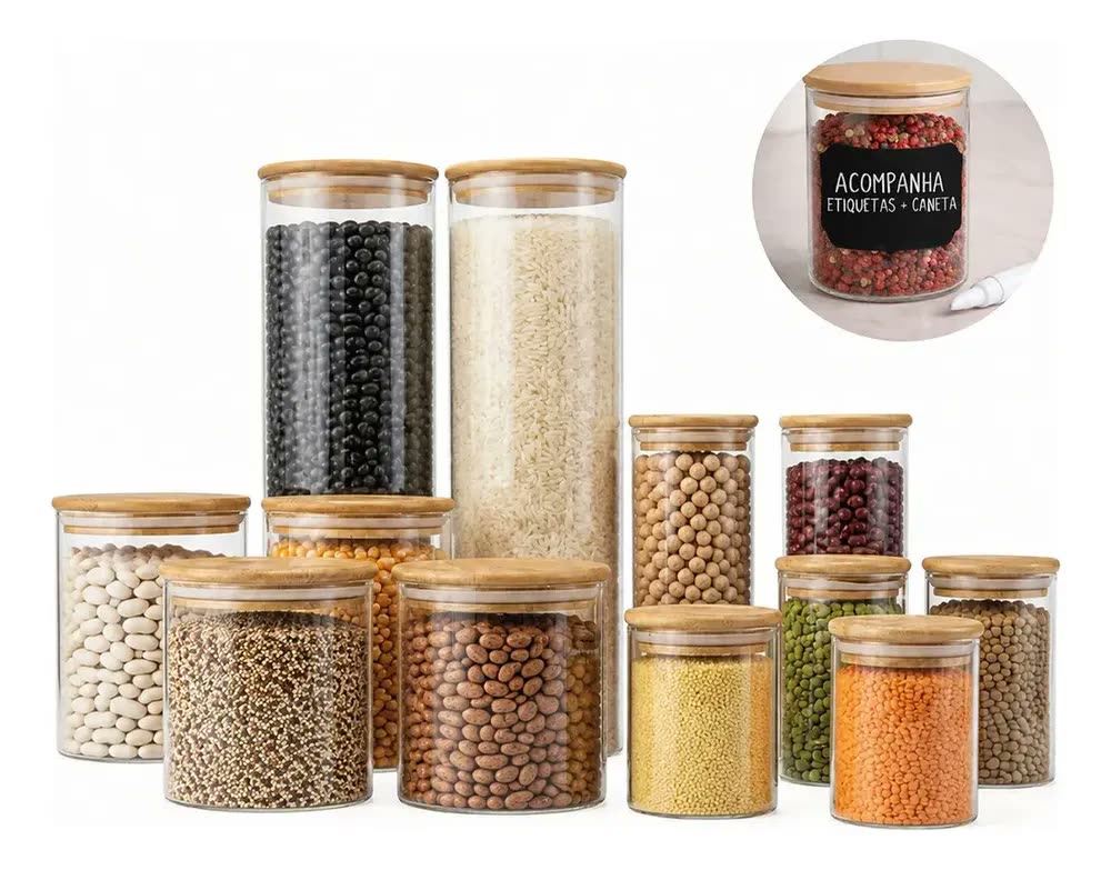 Kit 12 Potes Herméticos de Vidro com Tampa de Bambu | Inclui Etiquetas e Caneta branca | Capacidades 200ml, 250ml, 400ml, 600ml, 800ml, 2000ml | Organização e Estilo para sua Cozinha | Simply Home