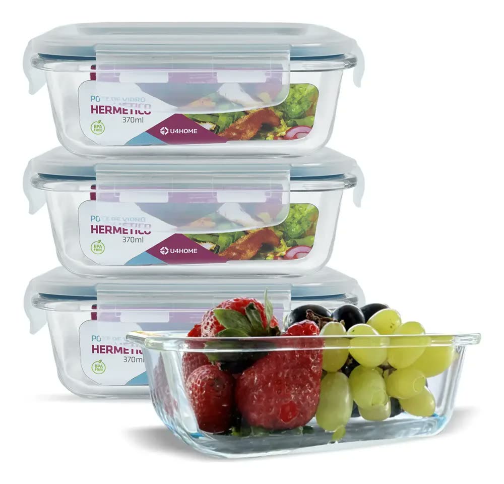 Kit 4 Potes Vidro Hermético Retangular Marmita 370ml Freezer