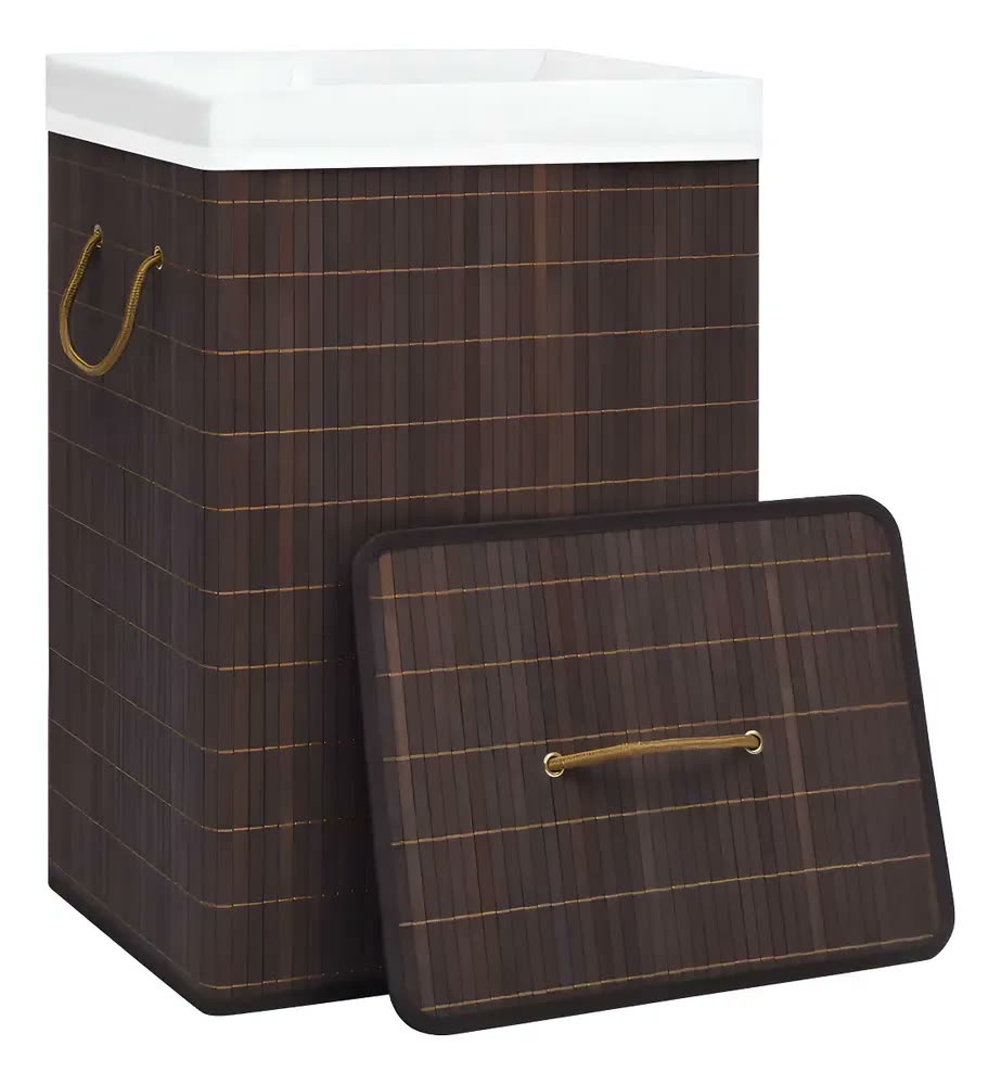 Cesto de Roupa Suja Retangular de Bambu Marrom com Tampa