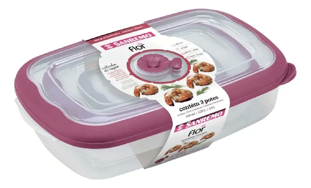 Kit 3 Potes Plásticos Retangulares Herméticos Açaí 430ml, 1,26L e 2,4L