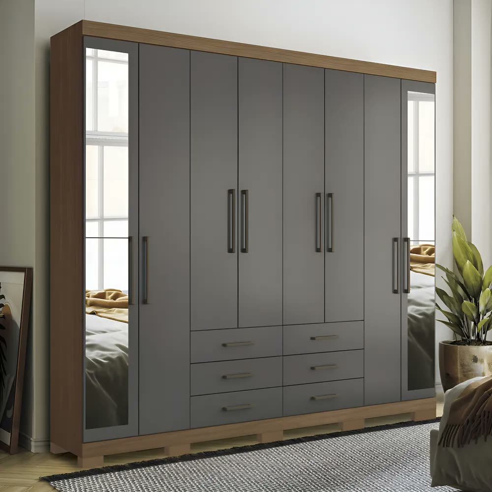 Guarda Roupa Casal 8 Portas 6 Gavetas Master Com Espelho E