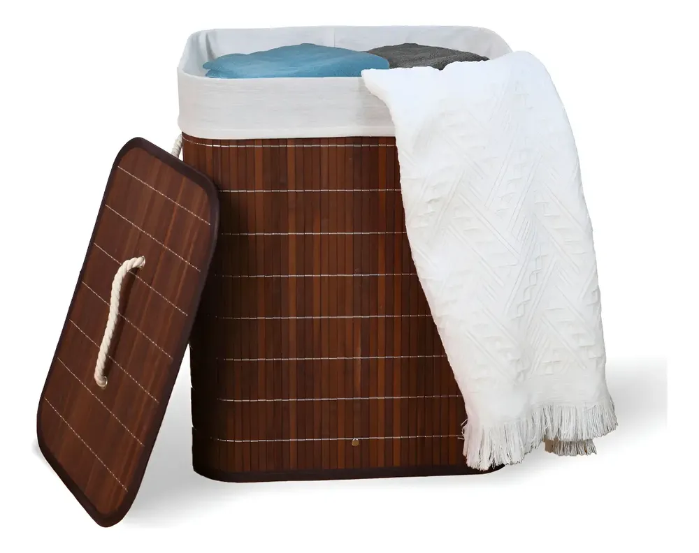foto de KONTUZ cesto de roupa suja de bambu com tampa e alças 50l cor Marrom
