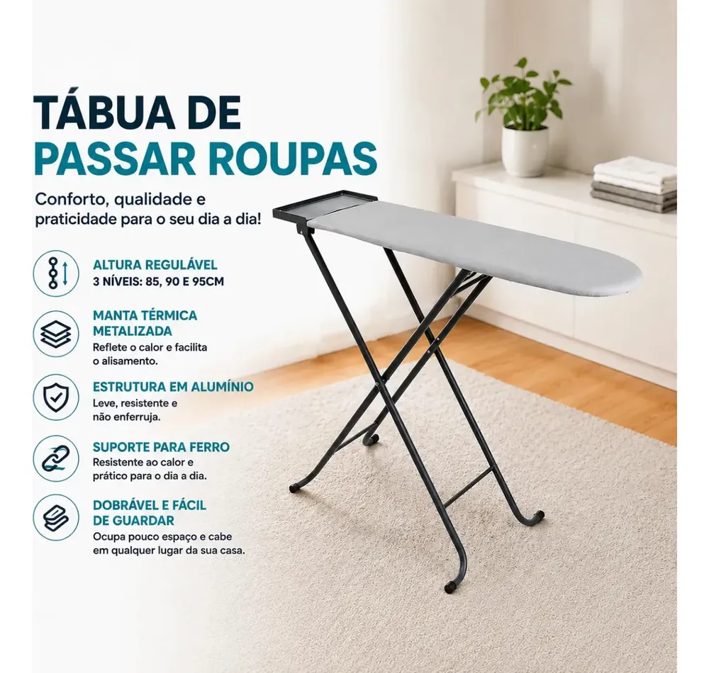 foto de Tábua De Passar Roupa Alumínio Dobrável Regulável Premium Com Suporte Para Ferro