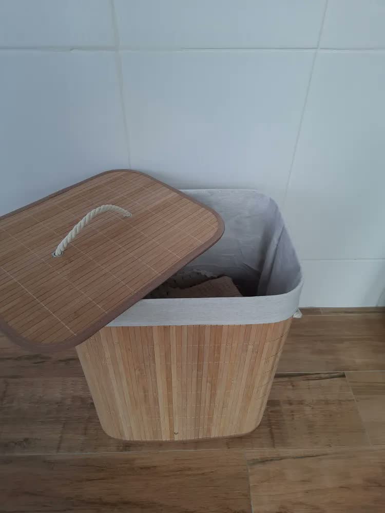 foto de Cesto De Roupa Suja De Bambu Com Tampa E Alças 50 Litros Kontuz