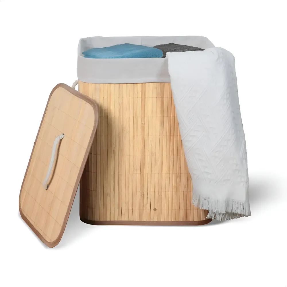foto de Cesto De Roupa Suja De Bambu Com Tampa E Alças 50 Litros Kontuz