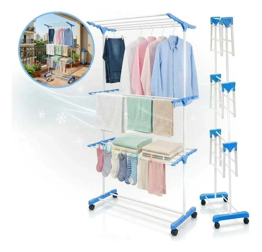 foto de Varal de Chão Dobrável e Retrátil de Aço com 3 Andares para Roupas - Azul