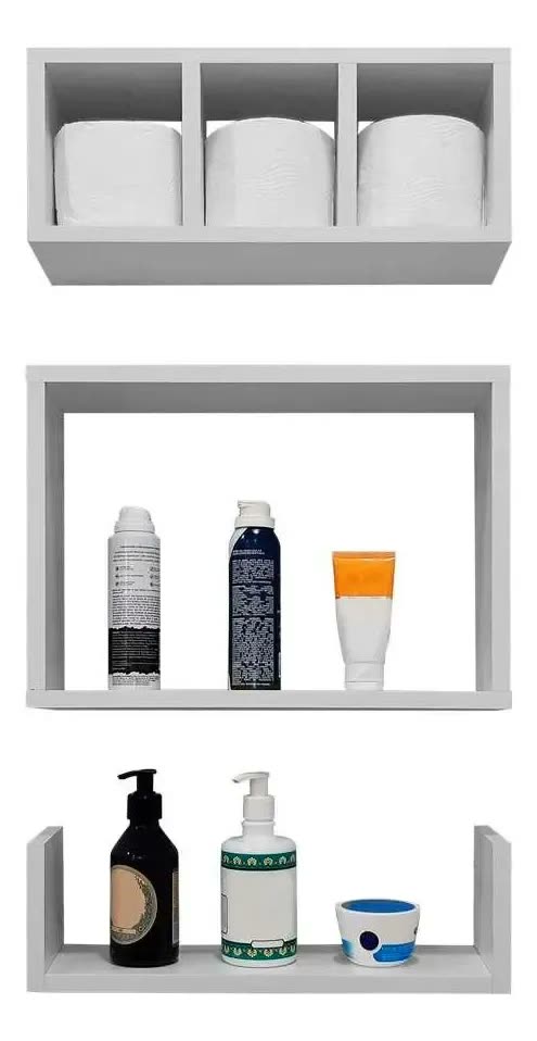 foto de Kit Nicho e Prateleira Branco MDP 15mm c/ Suporte Invisível 40x10cm Banheiro