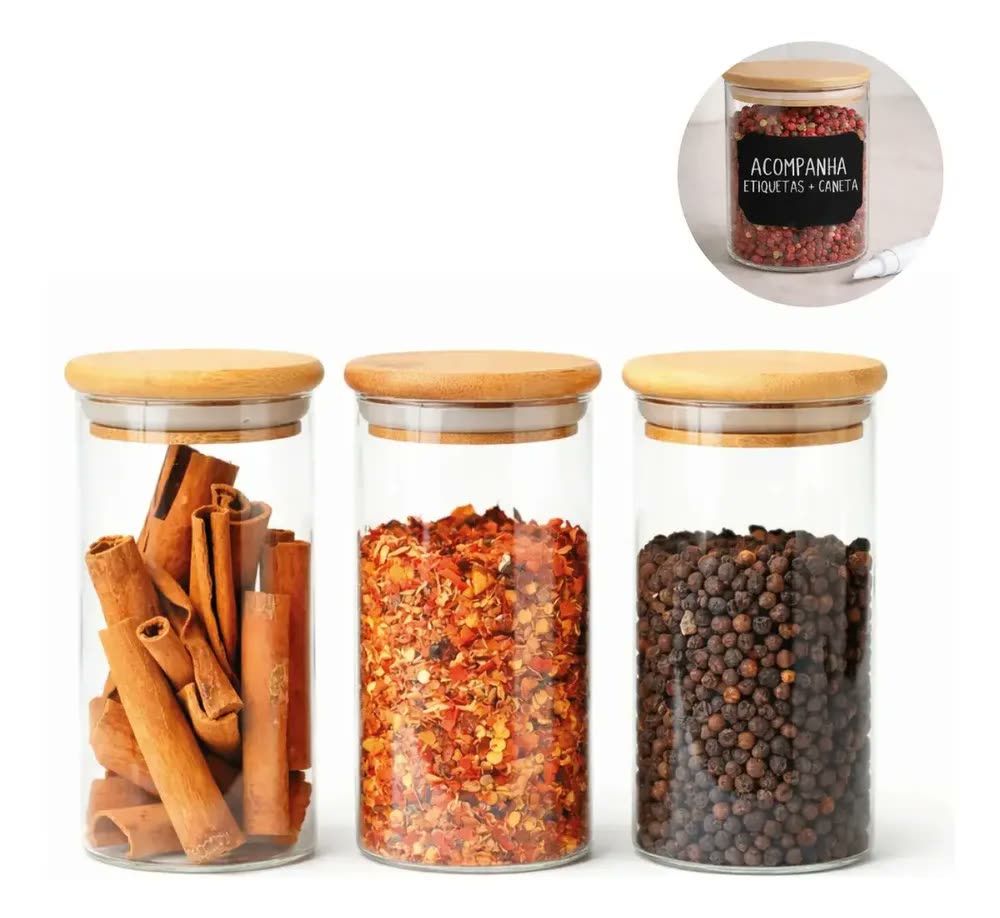 Kit Com 3 Potes Herméticos De Vidro Com Tampa Bambu 300ml