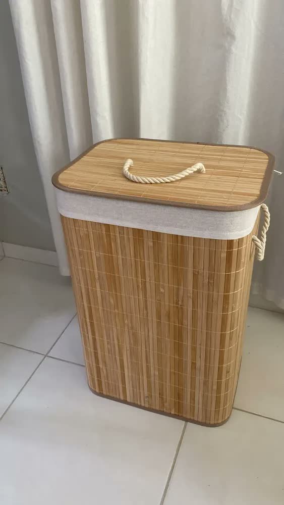 foto de Cesto de Roupa Retangular de Bambu Jolitex com Tampa para Lavanderia