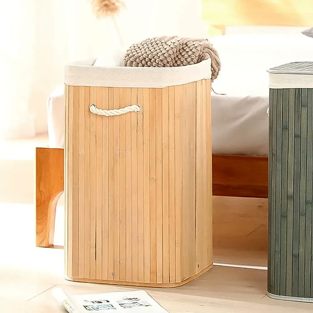Cesto de Roupa Retangular de Bambu Jolitex com Tampa para Lavanderia