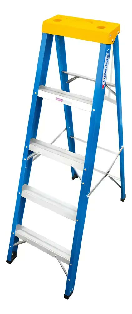 Escada Tesoura Fibra WBertolo 1.68m Dobrável 5 Degraus Azul Premium