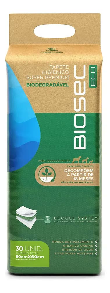 foto de Tapete Higiênico Biodegrável Biosec Eco 80x60cm 30 Unidades Sustentável Ecológico Amigo da Natureza anti Odor para Pet cachorro cão