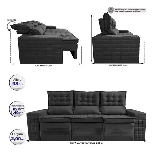 foto de Sofá 3 Lugares Retrátil e Reclinável Cama inBox Senses 2,00m Velusoft Preto