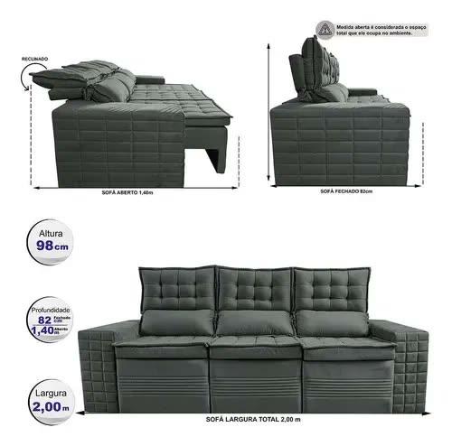 Sofá 3 Lugares Retrátil e Reclinável Cama inBox Senses 2,00m Velusoft Cinza