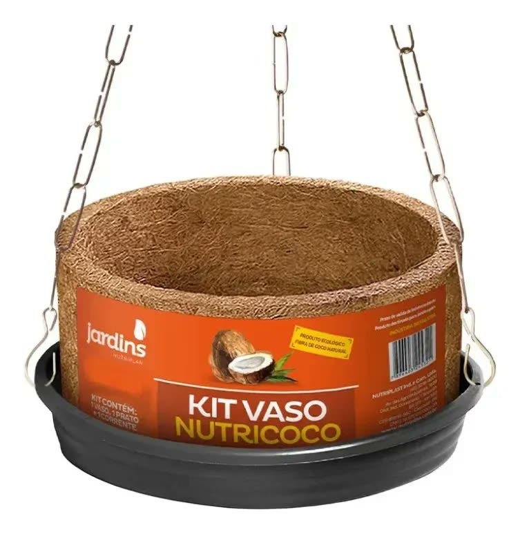 Vaso Pendurar Suspenso Nutricoco Completo com Prato e Corrente N03 Natural Fibra de Coco Natural - Nutriplan