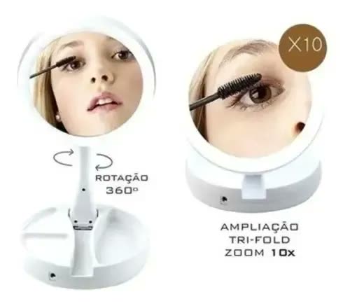 Espelho Dobrável Maquiagem Dupla Face Aumento 10x Led E Organizador Linha House Branco