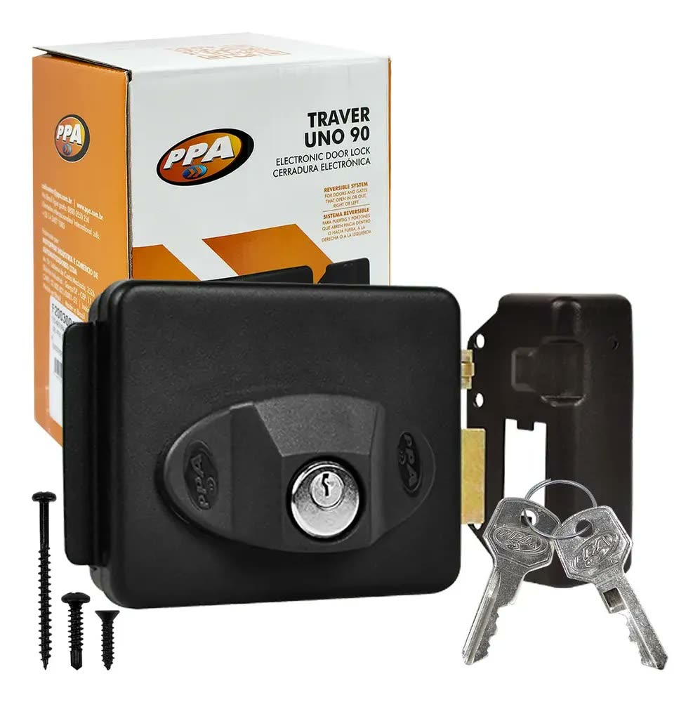 Fechadura Elétrica PPA Traver Uno 90 Reversível 12V Preto Porta Portão