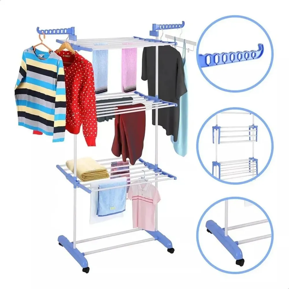 foto de Varal De Chão Grande De Roupas 3 Andares Dobrável Cor Azul Kontuz 170 cm