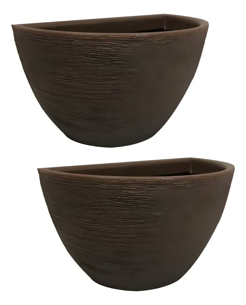 Kit 2 meio vasos de parede 33cm grande para plantas textura marrom