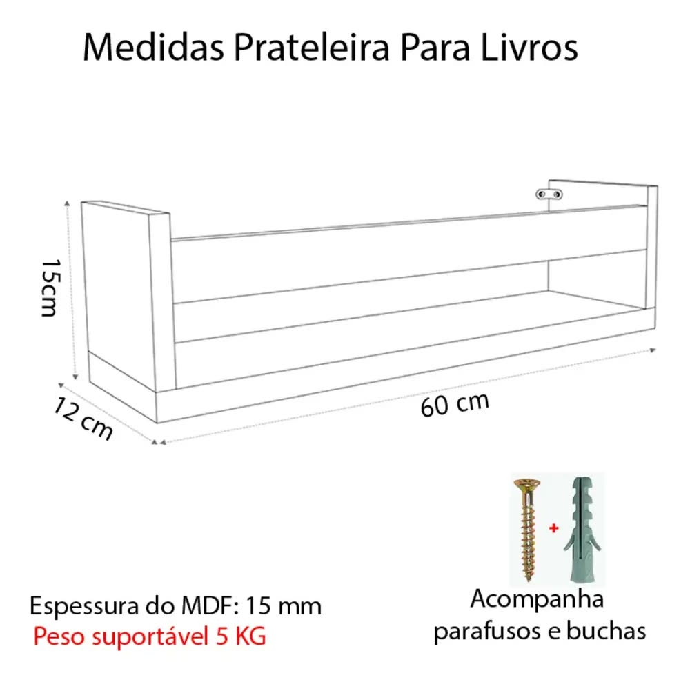 Kit 2 Prateleira Suspenso 60cm Branco Madeira Para Livro Revista Parede Tio Do Mdf