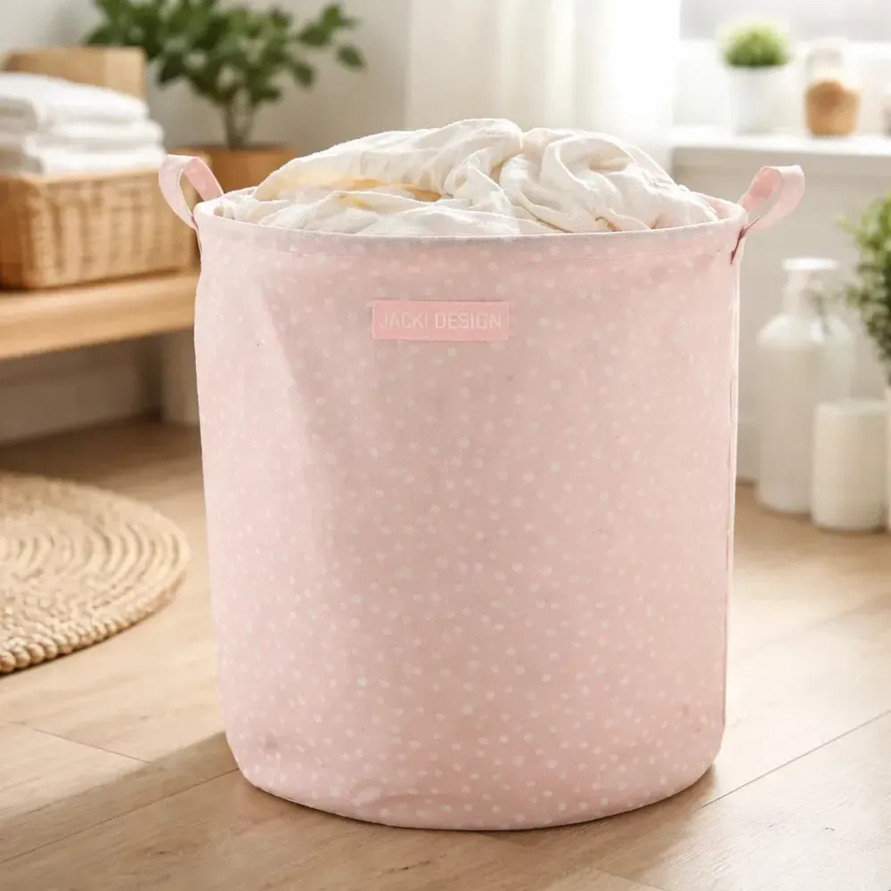 foto de Cesto Organizador De Brinquedo Roupa Suja Tecido Dobrável G Cor Rosa bolinha