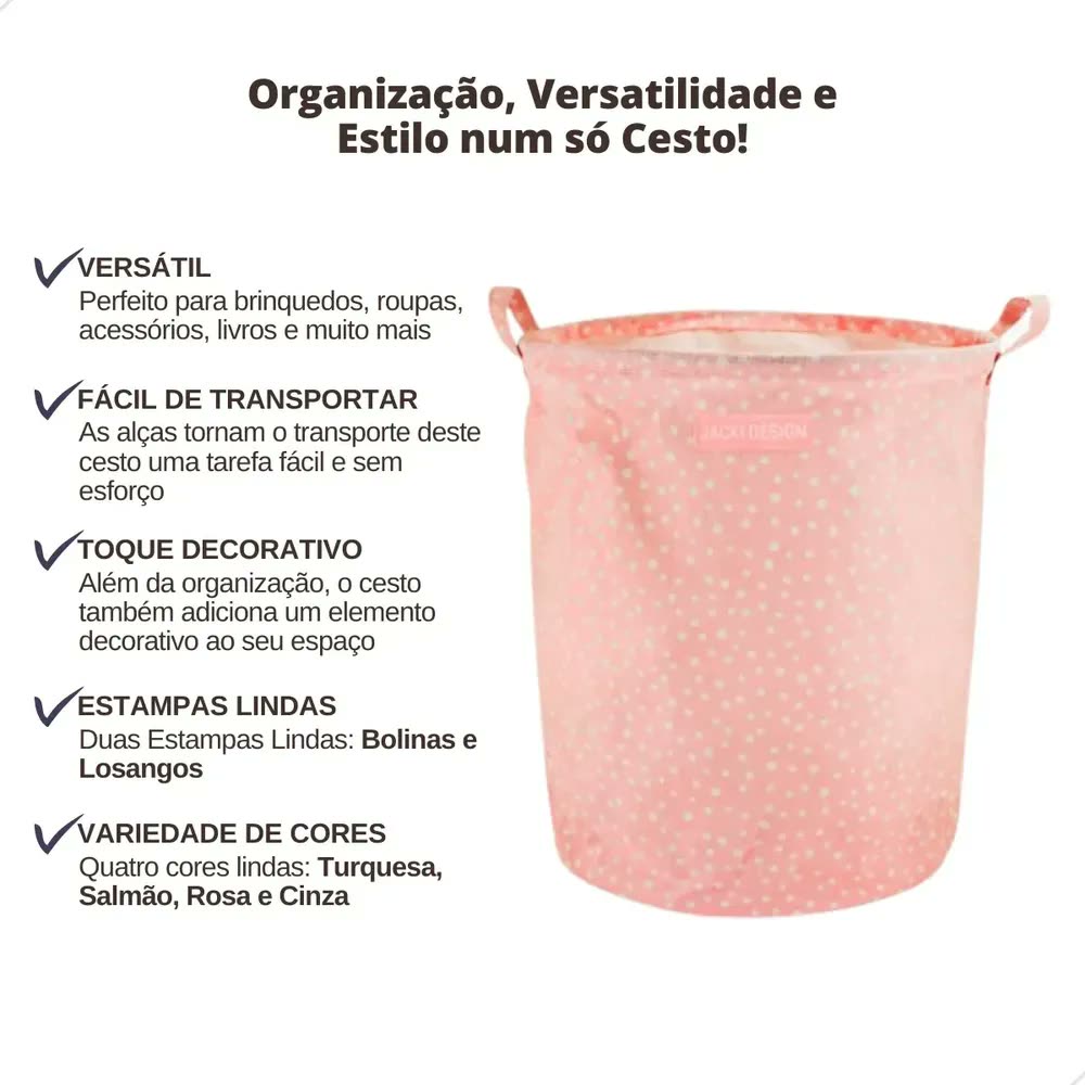 Cesto Organizador De Brinquedo Roupa Suja Tecido Dobrável G Cor Rosa bolinha