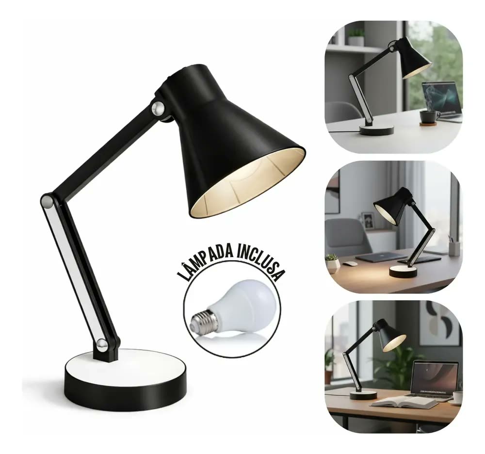 Luminaria Articulada Mesa Abajur Escritório Estudo Quarto Cor da estrutura Preto Marx Greg 3D