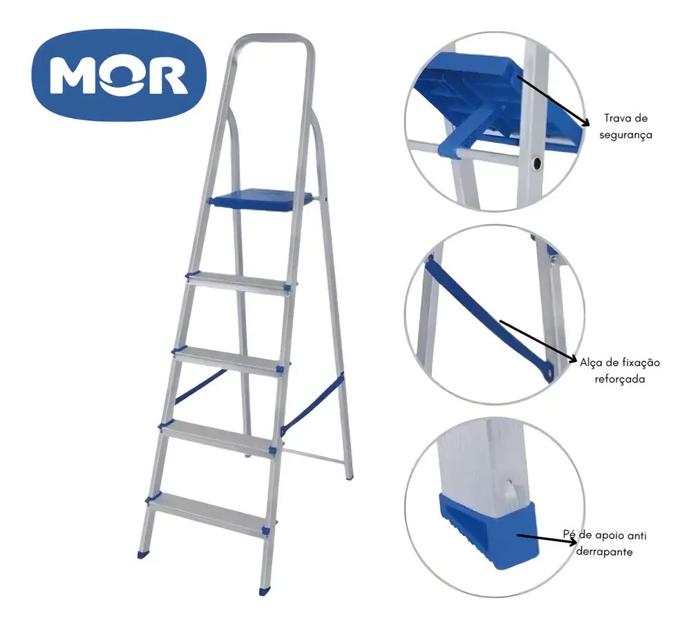 Escada Doméstica De Alumínio 5 Degraus Dobrável Mor Cor Metal