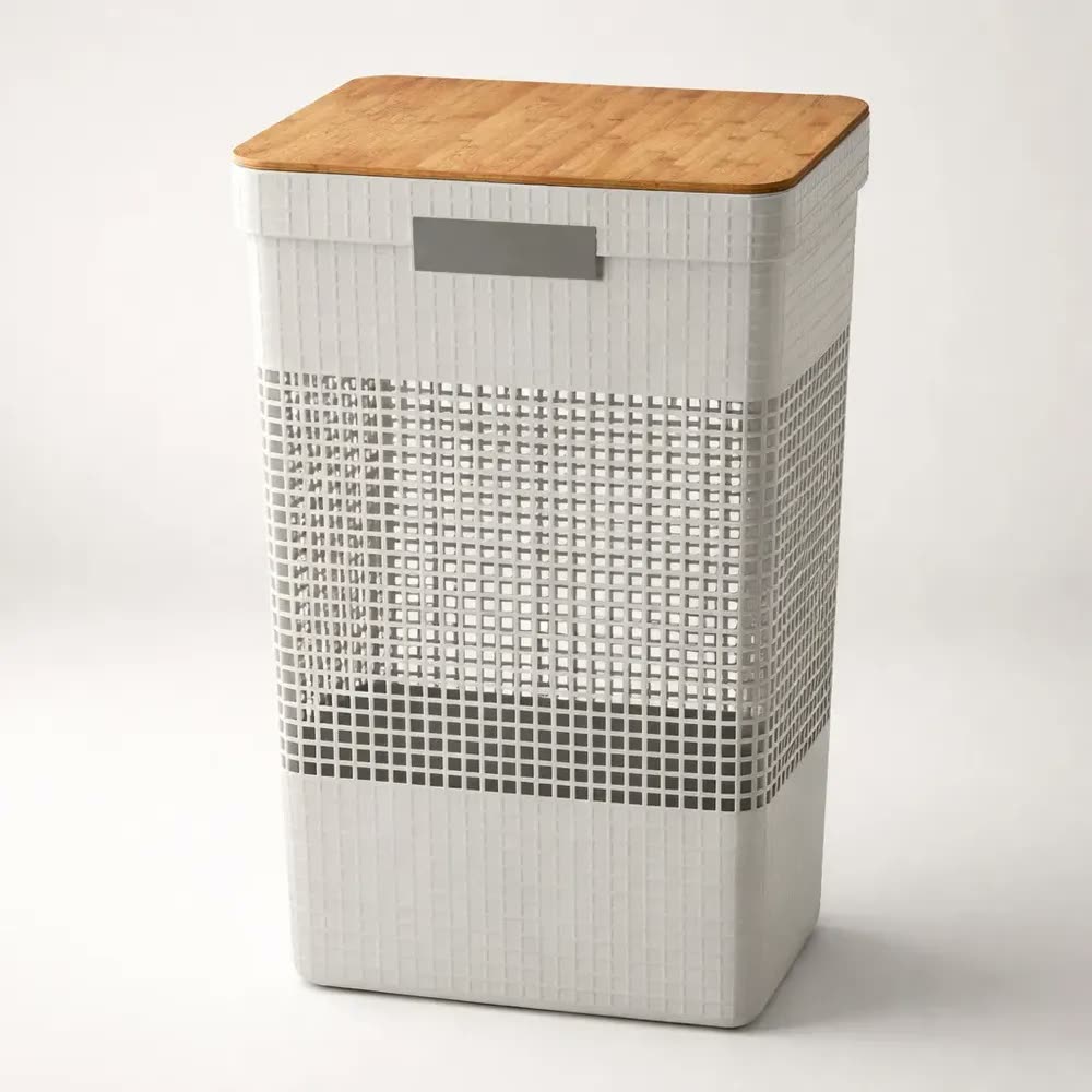 Cesto Roupas Grid 49l Tampa Bambu Cg455bgf - Ou Cor Bege