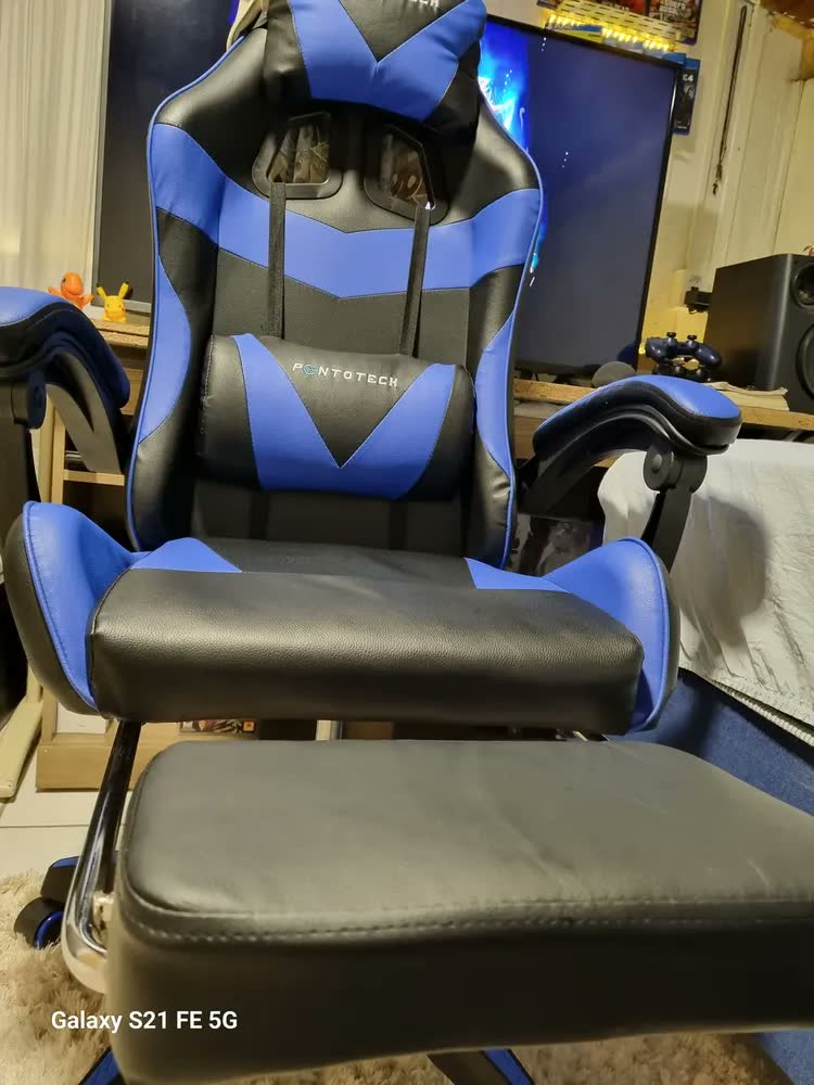 foto de Cadeira Gamer Ergonômica Preta Reclinável Com Apoio dos Pés Led Tools Couro Sintético
