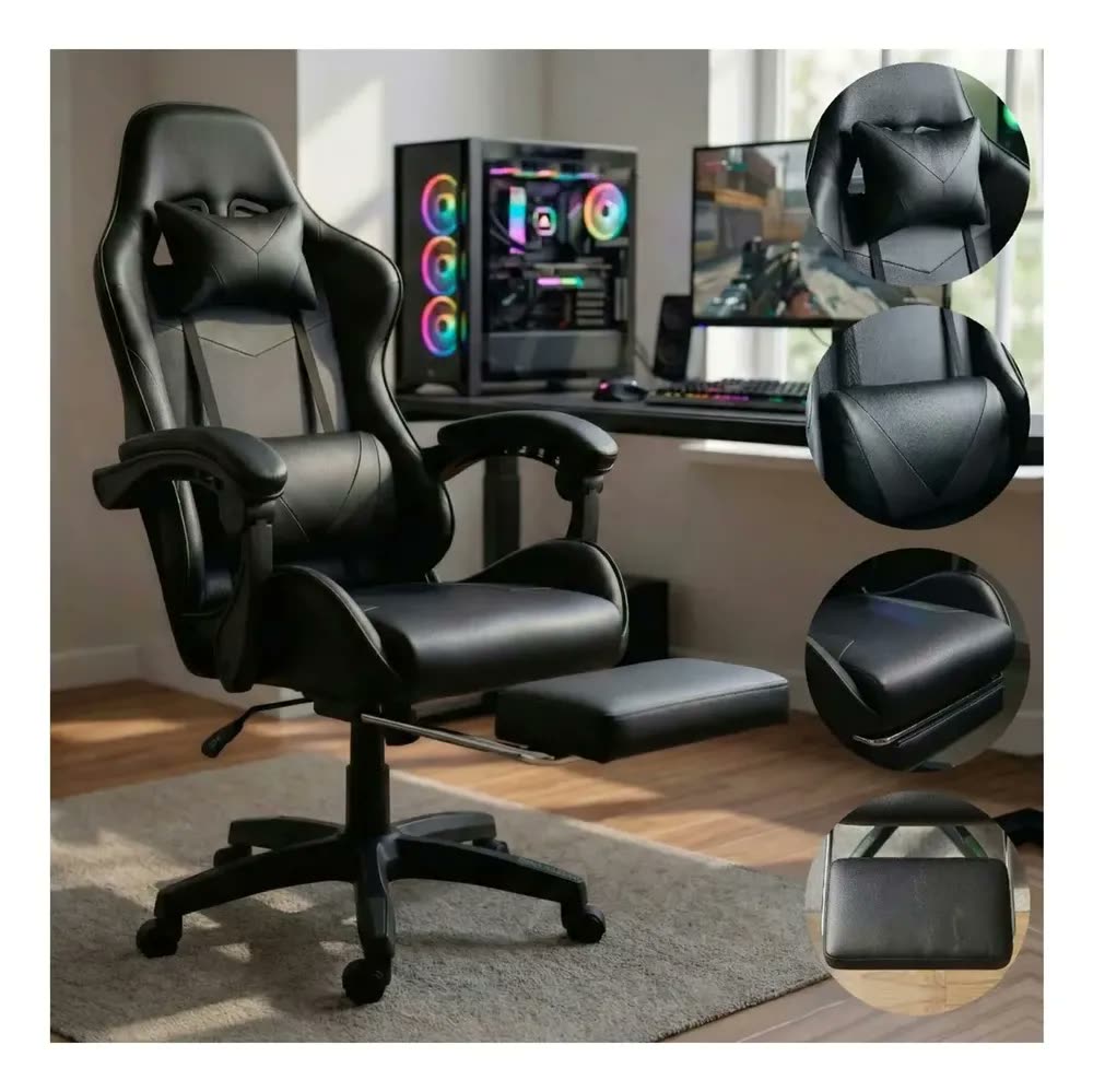 foto de Cadeira Gamer Ergonômica Preta Reclinável Com Apoio dos Pés Led Tools Couro Sintético