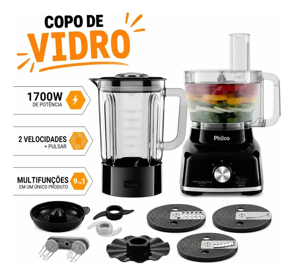 Multiprocessador Philco Pmp1600p Copo De Vidro 1700w 127v Cor Preto