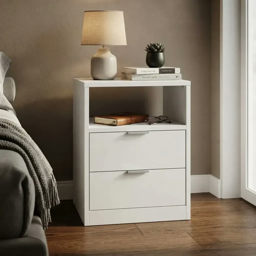 Mesa De Cabeceira 40cm Branca com 1 Nicho e 2 Gavetas Para Lateral de Cama e Escritório