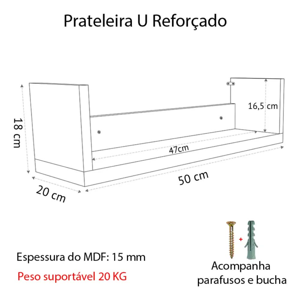 Prateleira U Reforçado 50x20p De Parede Para Livros Pesados Cor Branco