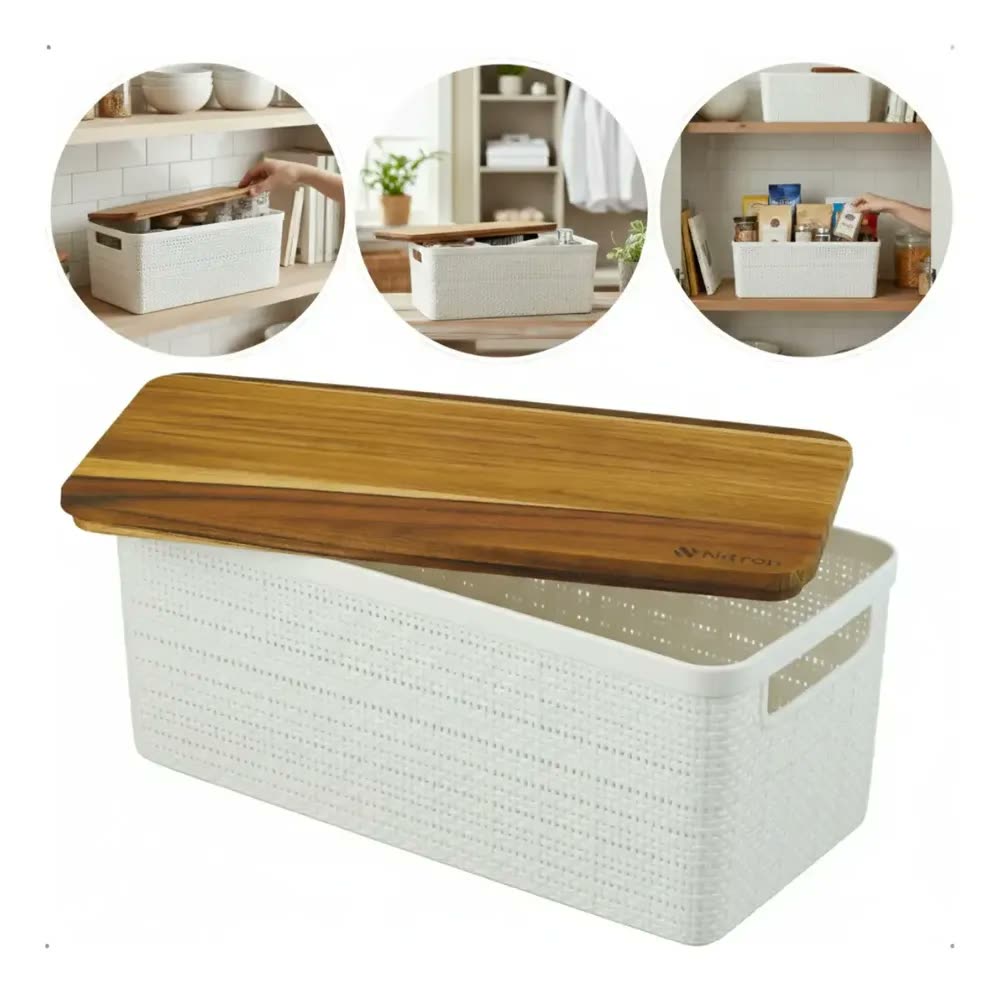 Caixa Organizadora Quarto Cozinha Banheiro Multiuso Grande 7,4L Nitron Tampa Madeira Resistente Decoração Casa