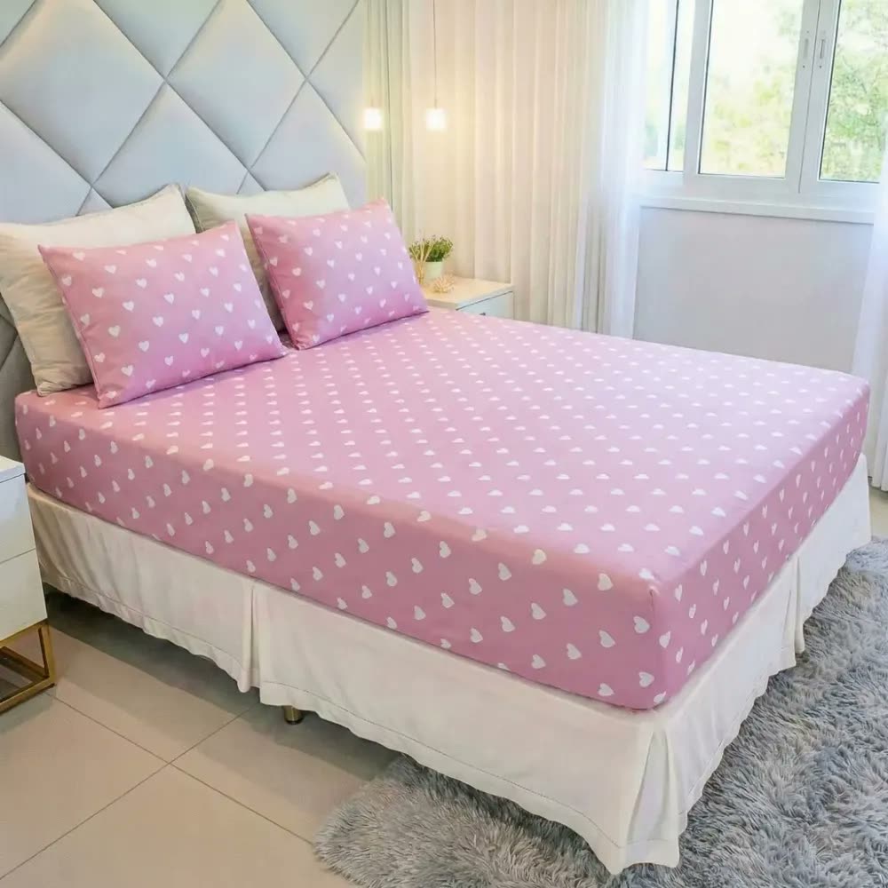 foto de Lençol Queen Estampado 3 Peças 100% Algodão Malha Toque Macio com Elástico Colchão até 30cm e 2 Fronhas com Zíper 70x50cm Jogo de Lençol Queen 198x158cm Não dá Bolinha Hotel Pousada Modelo 7 Cozzilar