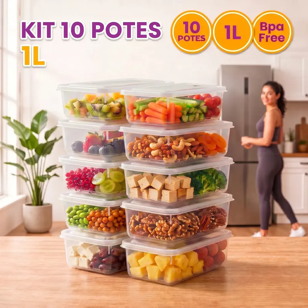 foto de Kit 10 Potes 1 Litro Transparente Marmita Fitness Bpa Free Tampa Hermética Reutilizável Micro E Freezer ponte lar utilidades