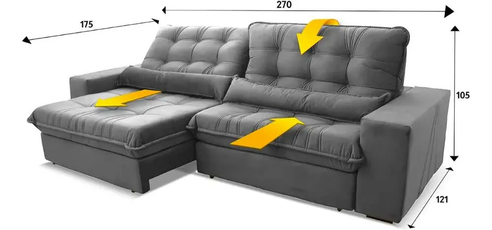 Sofá Retrátil Reclinável Zurique 2,70m Suede Velut Cinza Molas no Assento - King House