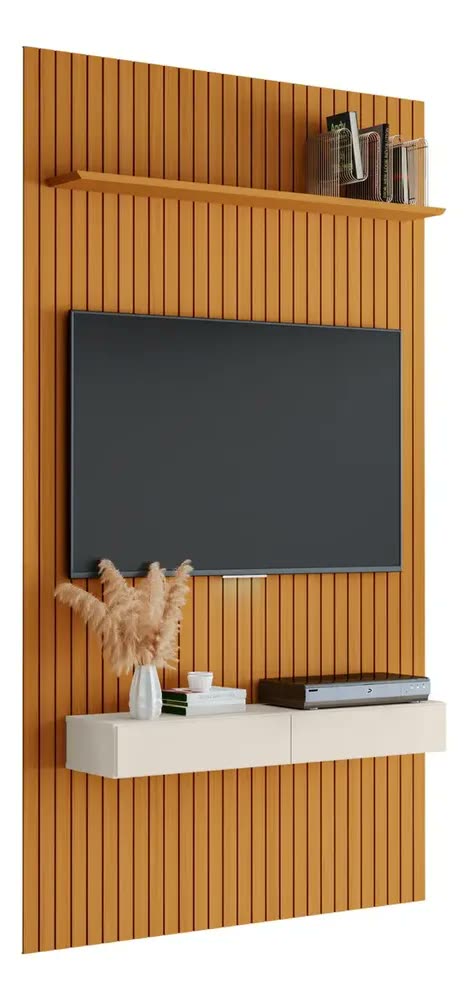 Painel para TV até 55 Polegadas 1,39x2,40m Ripado com Nicho Arbo Cedro/Off White EDN