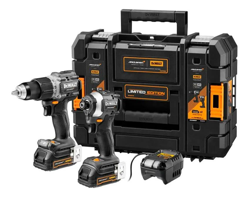 foto de Parafusadeira e Furadeira 13mm DEWALT x McLAREN + Parafusadeira de Impacto 6,35 mm DCK200ME2GT Edição Limitada