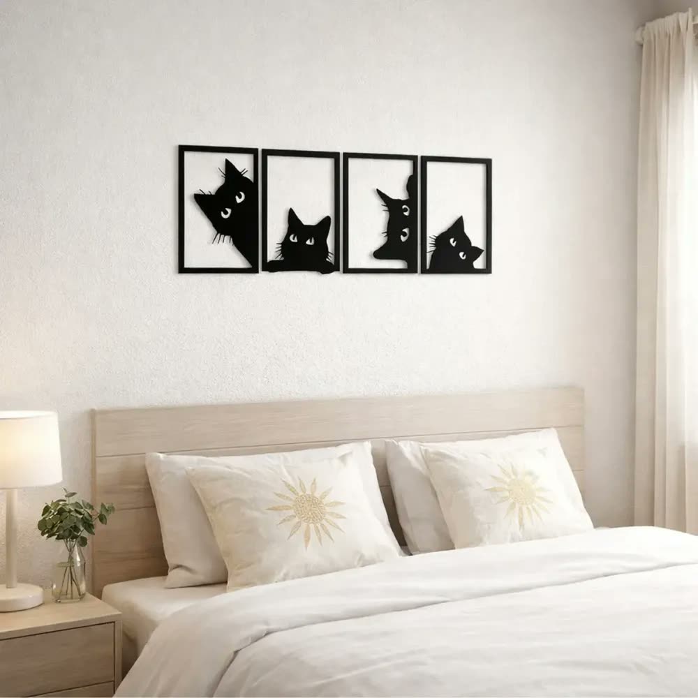 Kit 4 Quadros de Gatos Decorativos para Quarto de Criança