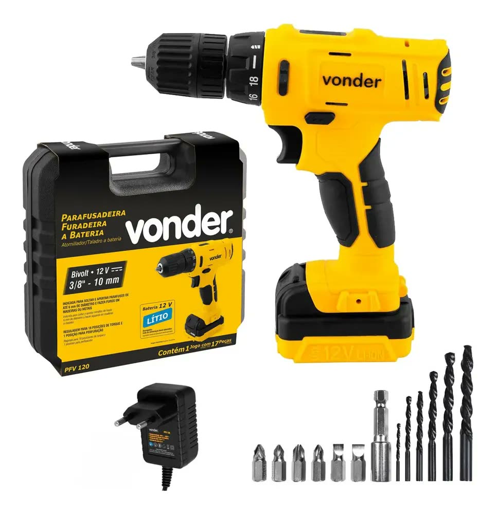 Parafusadeira/furadeira Vonder Bateria 12v Fonte Bivolt Pfv120 Cor Amarelo