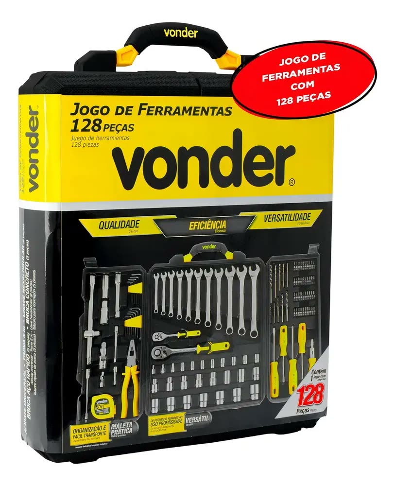 Kit Jogo Ferramentas Maleta 128 Peças Soquetes Chaves Vonder