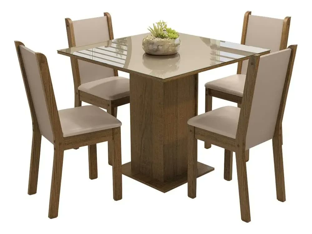 foto de Sala De Jantar Mesa Tampo De Vidro 4 Cadeiras Tifani Madesa Cor Rustic/Crema/Sintético Bege XMMDJA040165