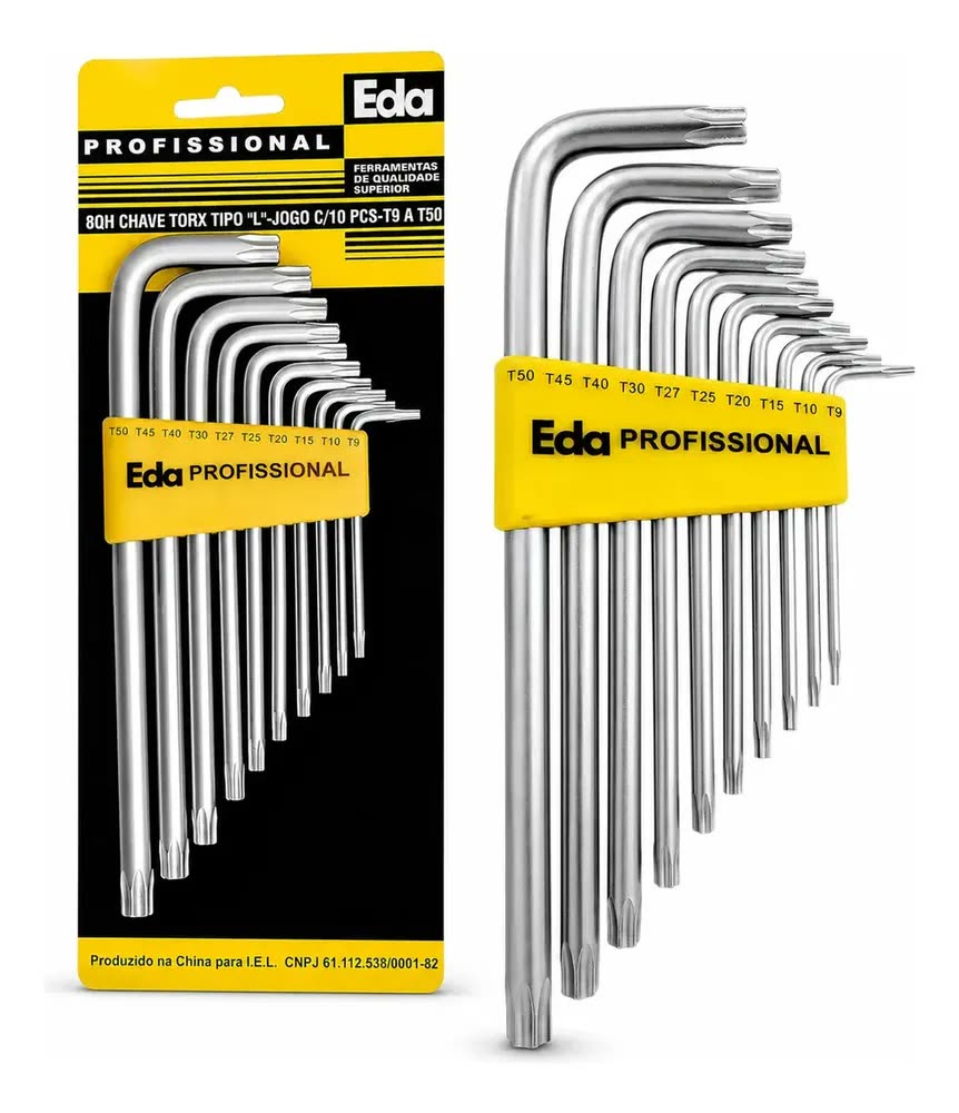 Jogo Chave Torx L Aço Eda 10 Peças T9 a T50 Longa Amarelo