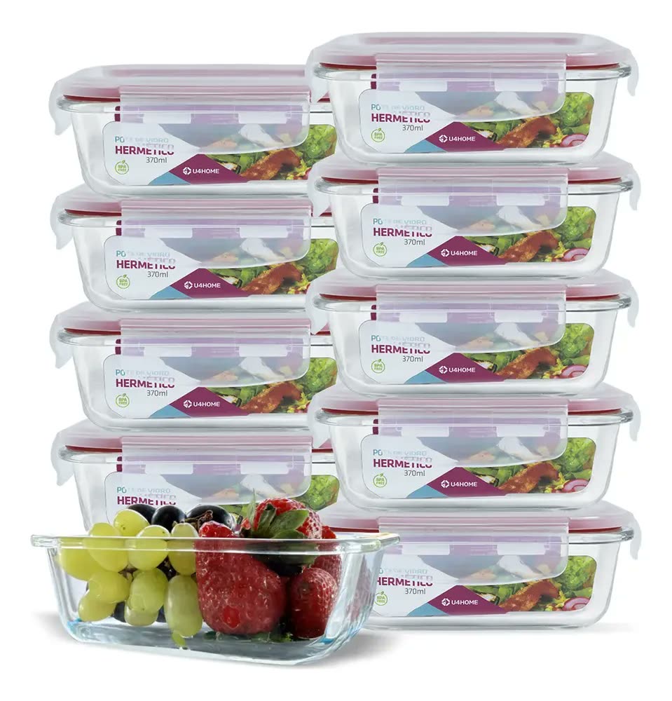 Kit 10 Potes Vidro Hermético Retangular Marmita 370ml Freezer Vermelho U4home